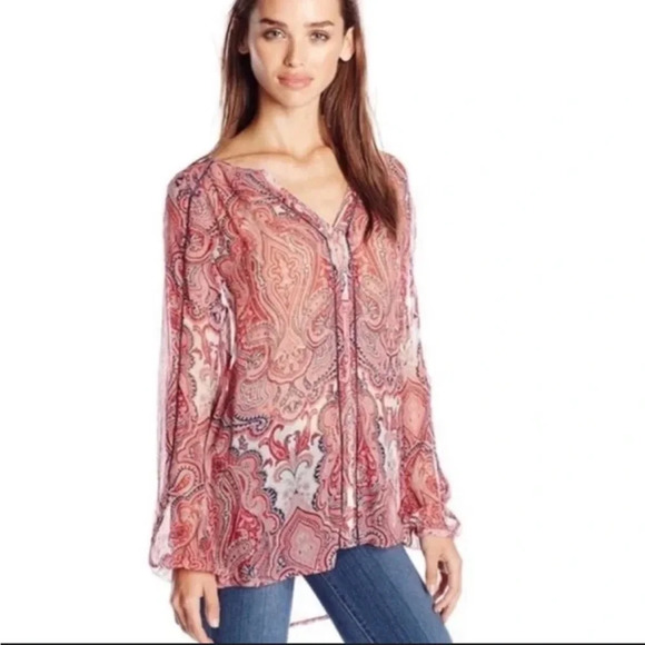 Lucky Brand Paisley  Long Sleeve Colorful Sheer Tunic Boho Top Peasent Modest S - Picture 1 of 8